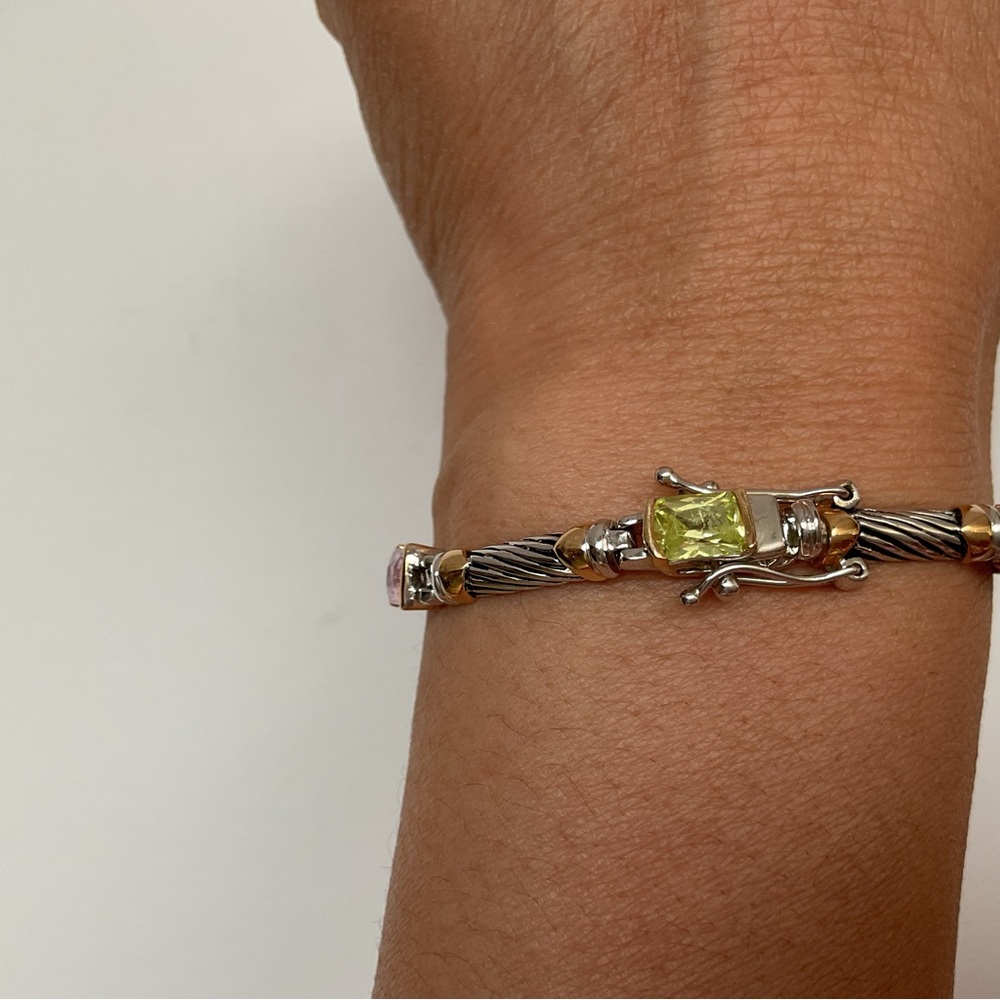 Vintage Silver & Gold Tone Multi Color Glass 7” Link Bracelet w/ Boxed Clasp